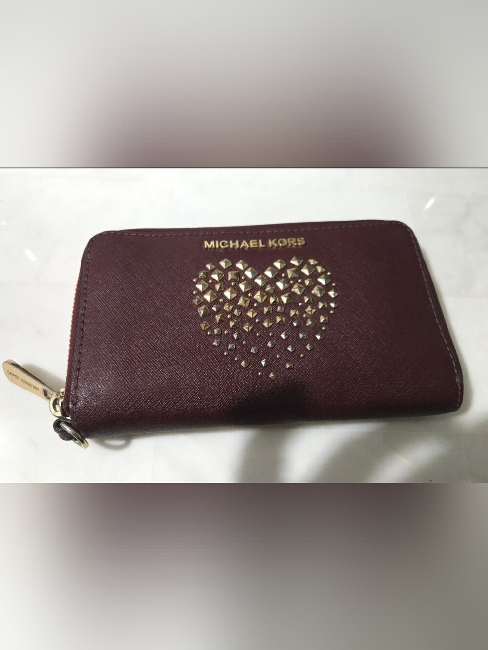 Michael Kors Maroon Saffiano Wallet with Gold Stud Heart